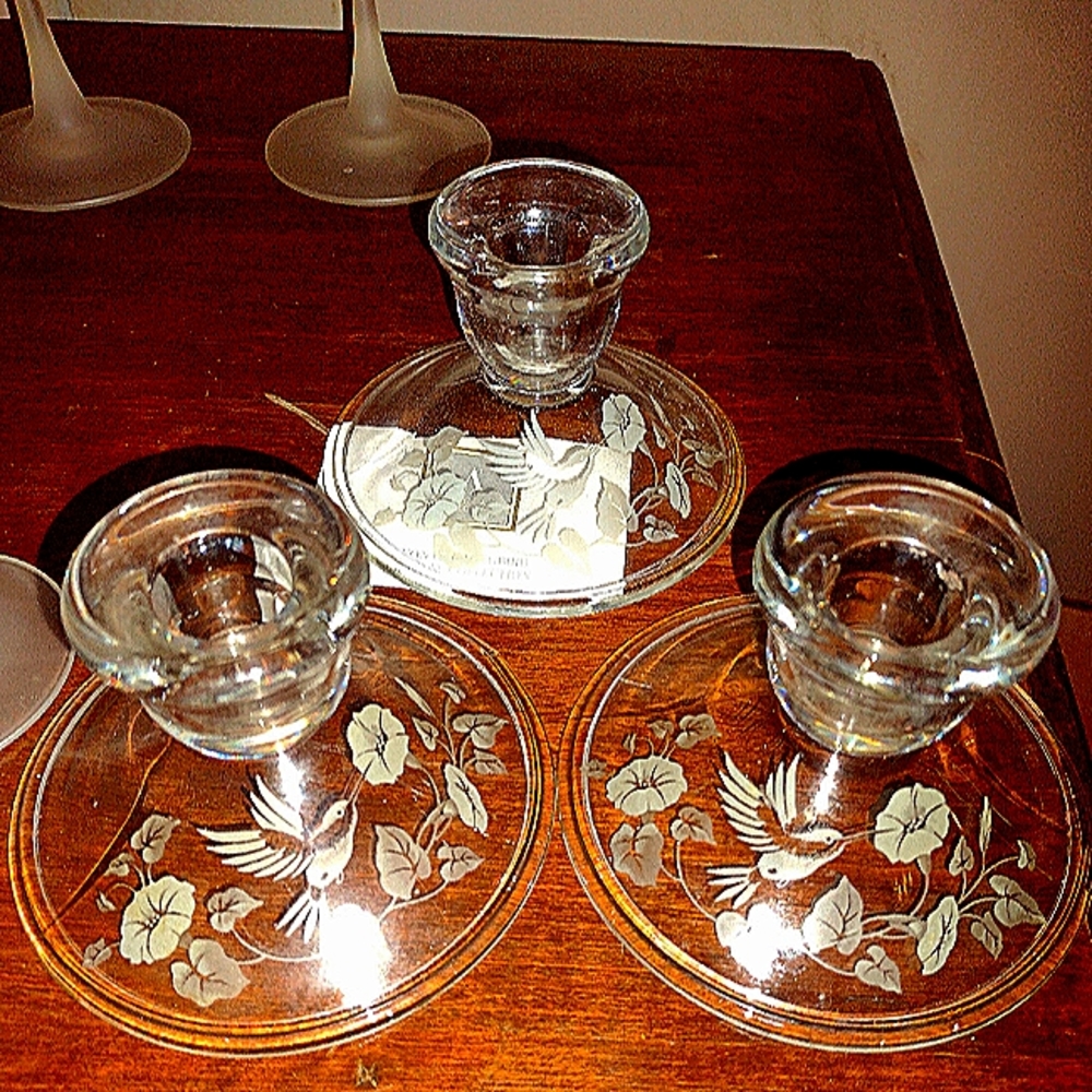 Crystal engraved hummingbird candle holders. Set of 3